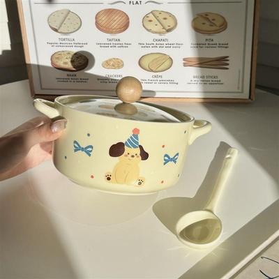 吃泡面专用碗新款ins风奶油小狗陶瓷带盖学生宿舍用方便面大容量