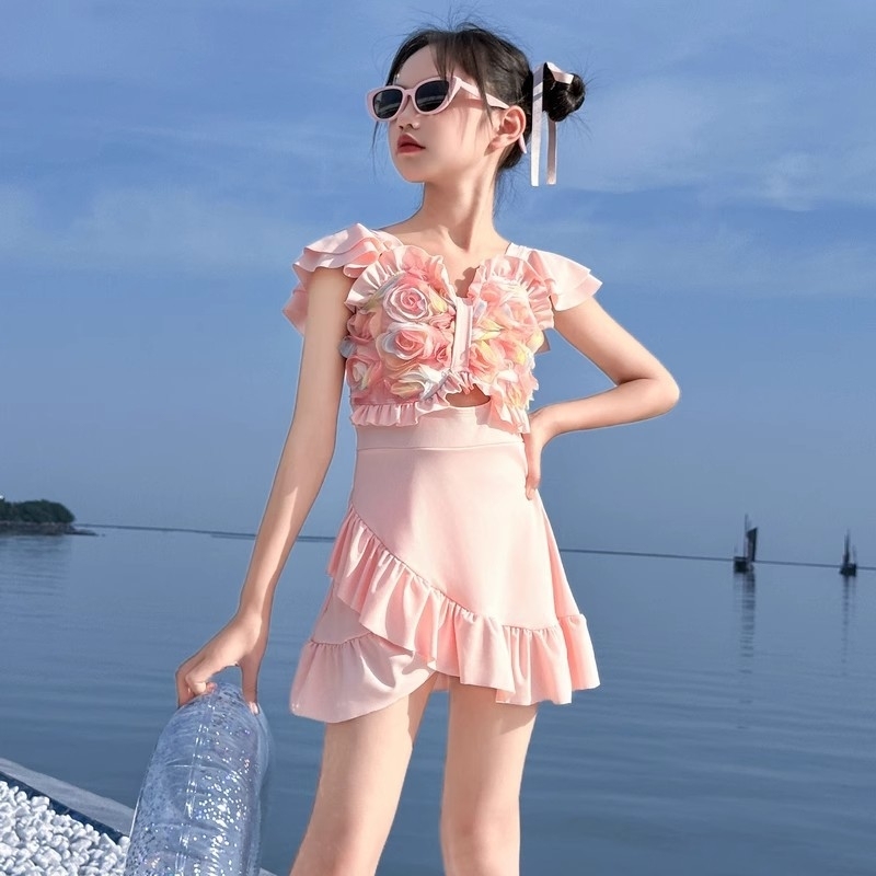 女童短袖裙式防晒连体泳衣儿大童防凸点带胸垫游泳衣速干女孩泳装