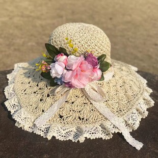 手工编制镂空玫瑰花朵草帽女夏小清新田园风蕾丝绑带大檐沙滩帽子