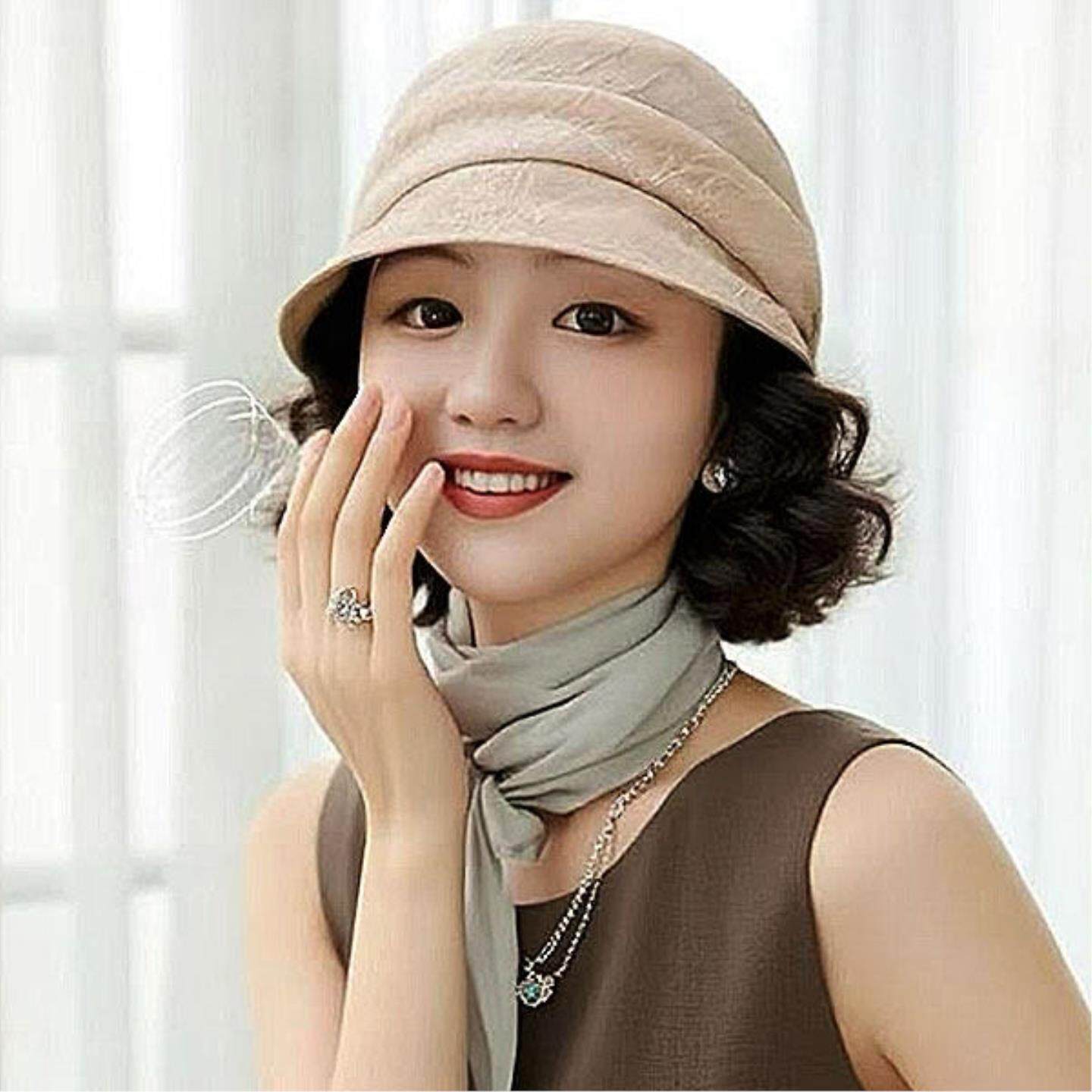 中老年妈妈帽子假发一体女春夏季短卷发褶皱鸭舌帽光头可带遮白发