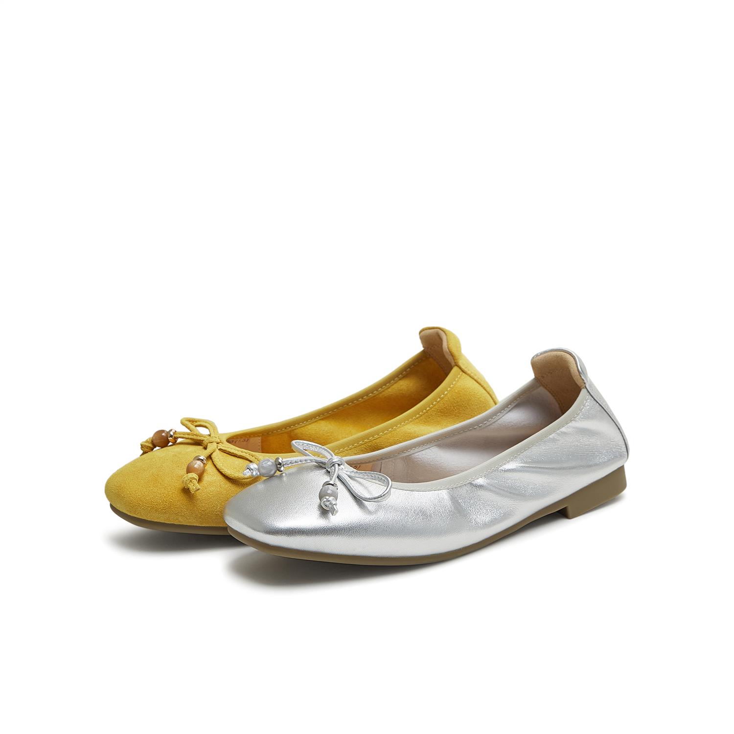 天美意25夏复古软底浅口单鞋黄色芭蕾鞋女平底银色小皮鞋BG963CQ5