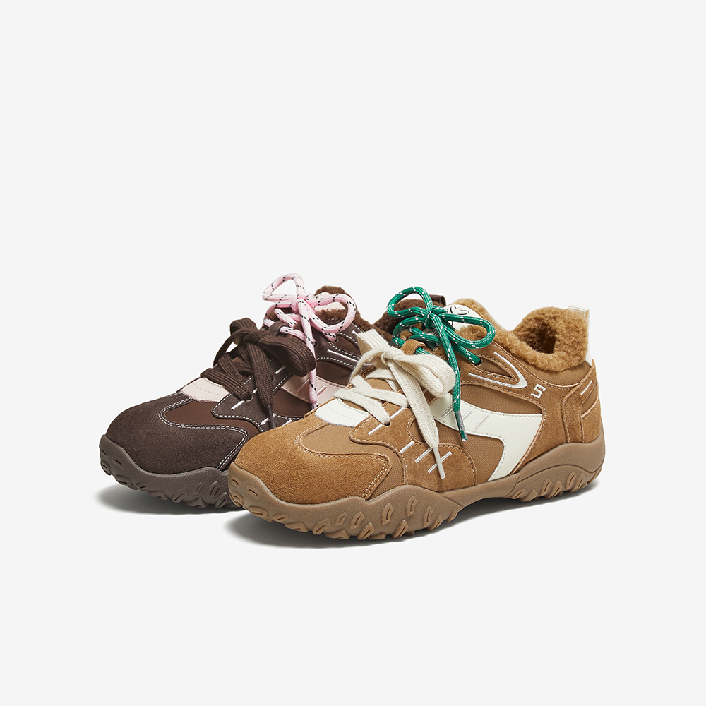 百思图鬼马少女25冬真皮厚底德训鞋加绒保暖女运动休闲鞋D3591DM5