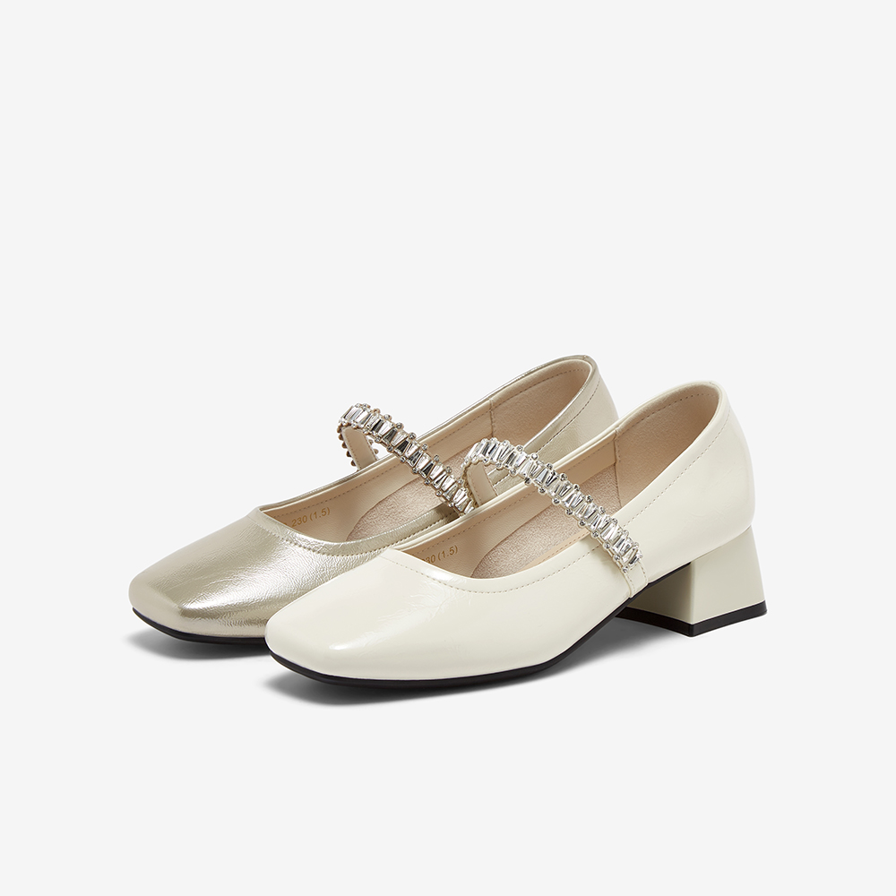 百思图2025秋季新款法式白色玛丽珍鞋通勤粗跟方头女单鞋M1663CQ5