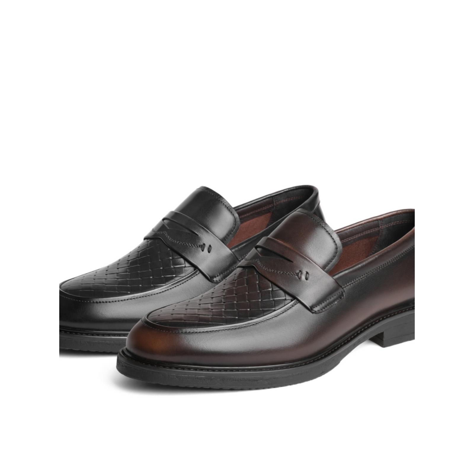 百丽通勤皮鞋男鞋2024春季牛皮压花套脚正装商务乐福鞋男A1440AM4