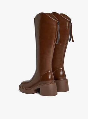 百思图末路狂花24冬商场新款粗高跟骑士靴女V口显瘦长靴M5301DG4