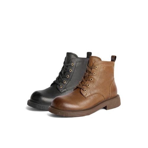 百丽Belle女靴子24冬新款黑色真皮粗跟短筒美拉德马丁靴B2139DD4