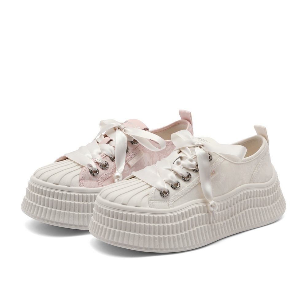 BELLE商场正品厚底小白鞋帆布鞋女2024夏透气板鞋休闲鞋B3P1DBM4