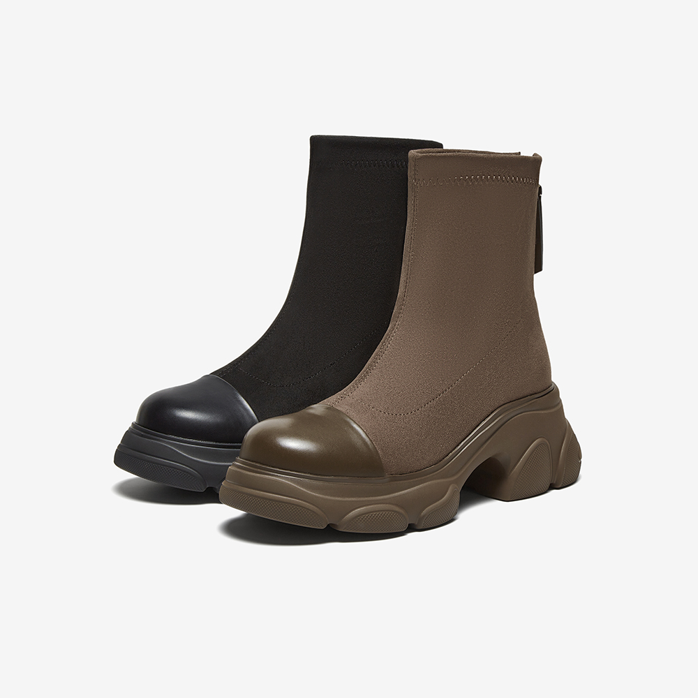 百思图2024冬季新款时尚运动风弹力瘦瘦靴粗跟圆头女短靴O3003DD4