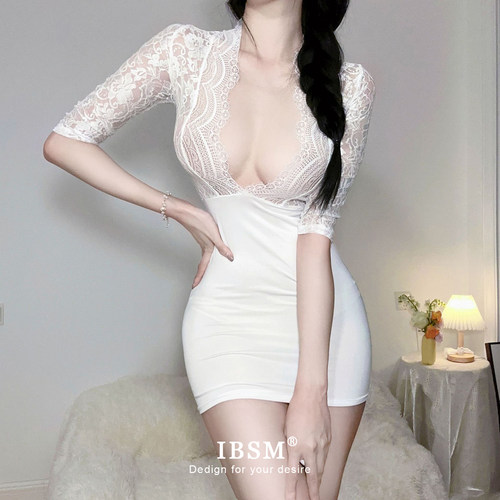 蕾丝透视深v秘书OL制服包臀裙