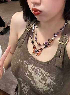 锁骨链新中式彩色蝴蝶双层