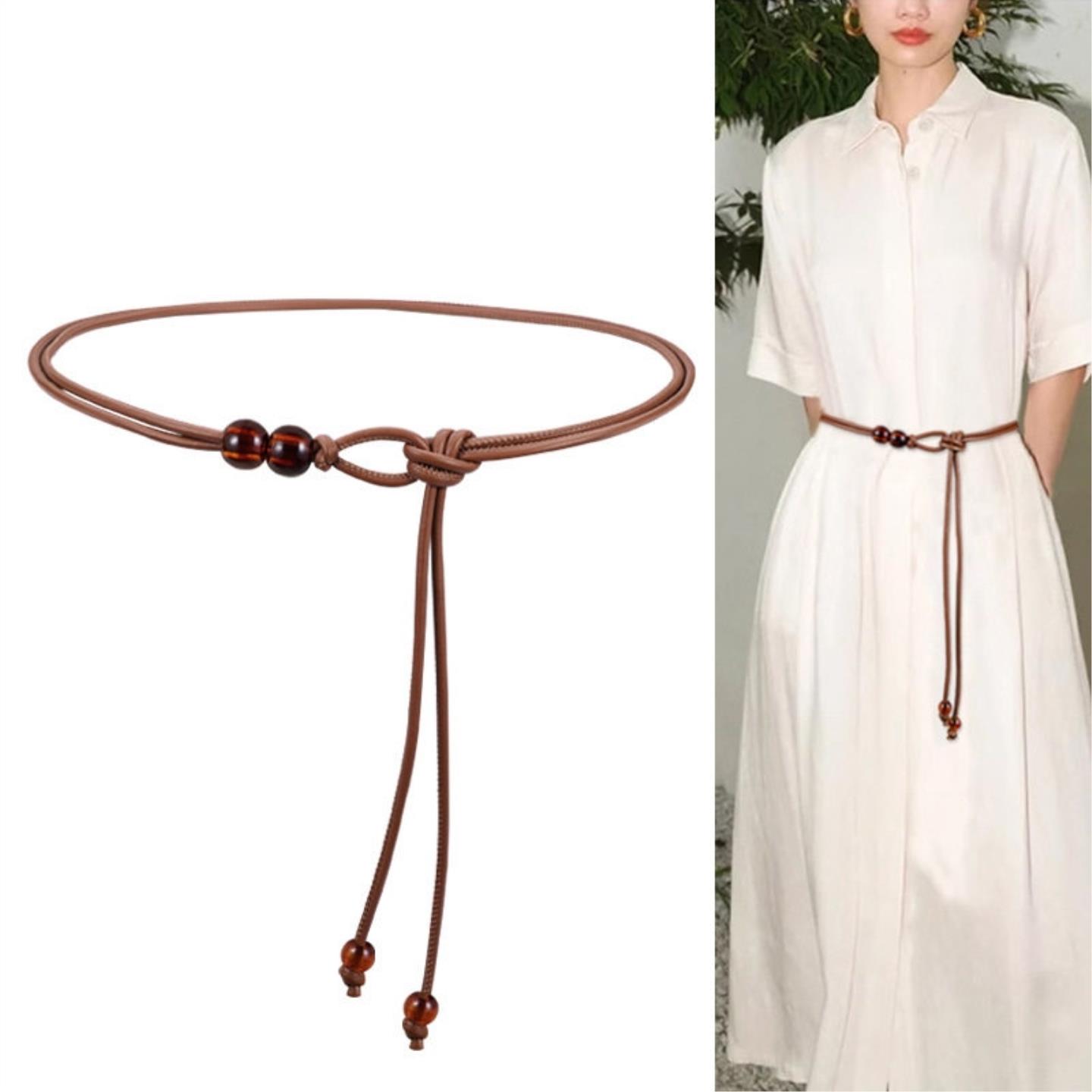 木珠腰带女免打孔可调节绳子收腰配饰连衣裙搭配美拉德皮带