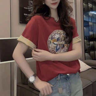 宽松显瘦设计感百搭新中式 新款 国风上衣潮 t恤女2025夏季 正肩短袖