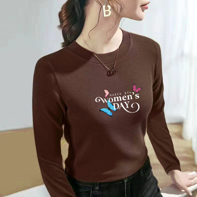 双面德绒打底衫女秋冬新款内搭修身保暖长袖T恤时尚印花圆领上衣