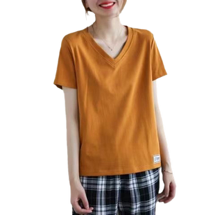短袖t恤女夏装新款休闲百搭显瘦V领上衣宽松大码女士纯色半袖体恤