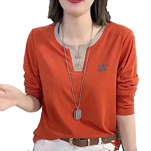 2026春秋季新款V领长袖T恤女大码洋气减龄妈妈装遮肚显瘦打底上衣