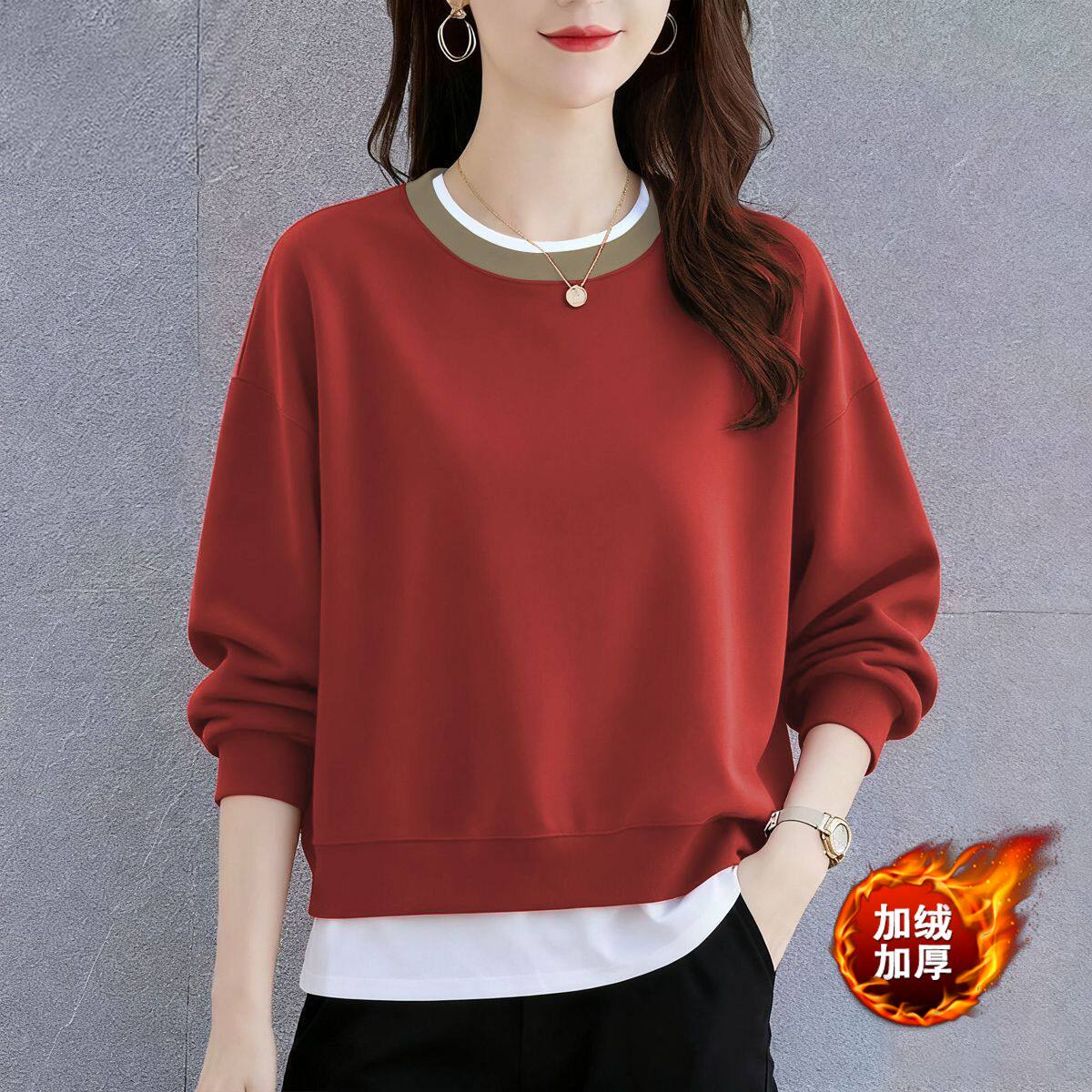 加绒加厚圆领卫衣女秋冬季新款宽松显瘦小个子外穿打底保暖上衣女