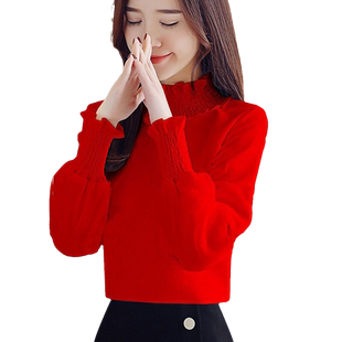 长袖T恤女秋冬装新款加绒加厚半高领显瘦打底衫上衣女修身衬衫女