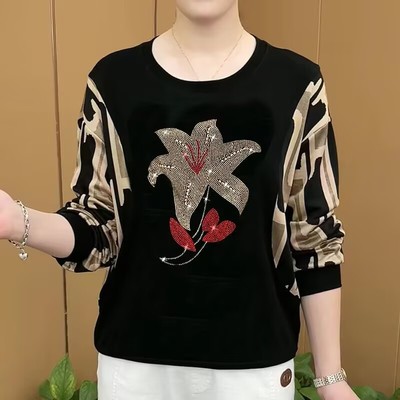 2025春秋季新款时尚烫钻长袖T恤女大码洋气妈妈装宽松圆领上衣女