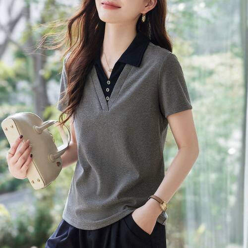 Polo领短袖t恤女夏季新款时尚百搭妈妈装气质休闲显瘦假两件上衣
