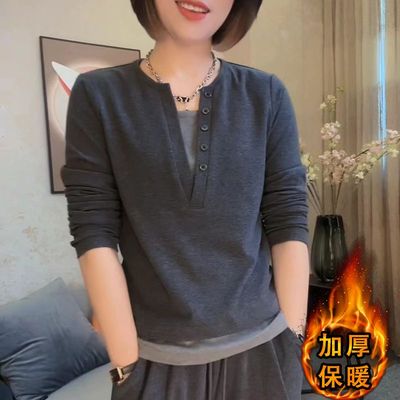 假两件V领长袖t恤女2025秋冬新款加厚保暖女士内搭德绒打底上衣女