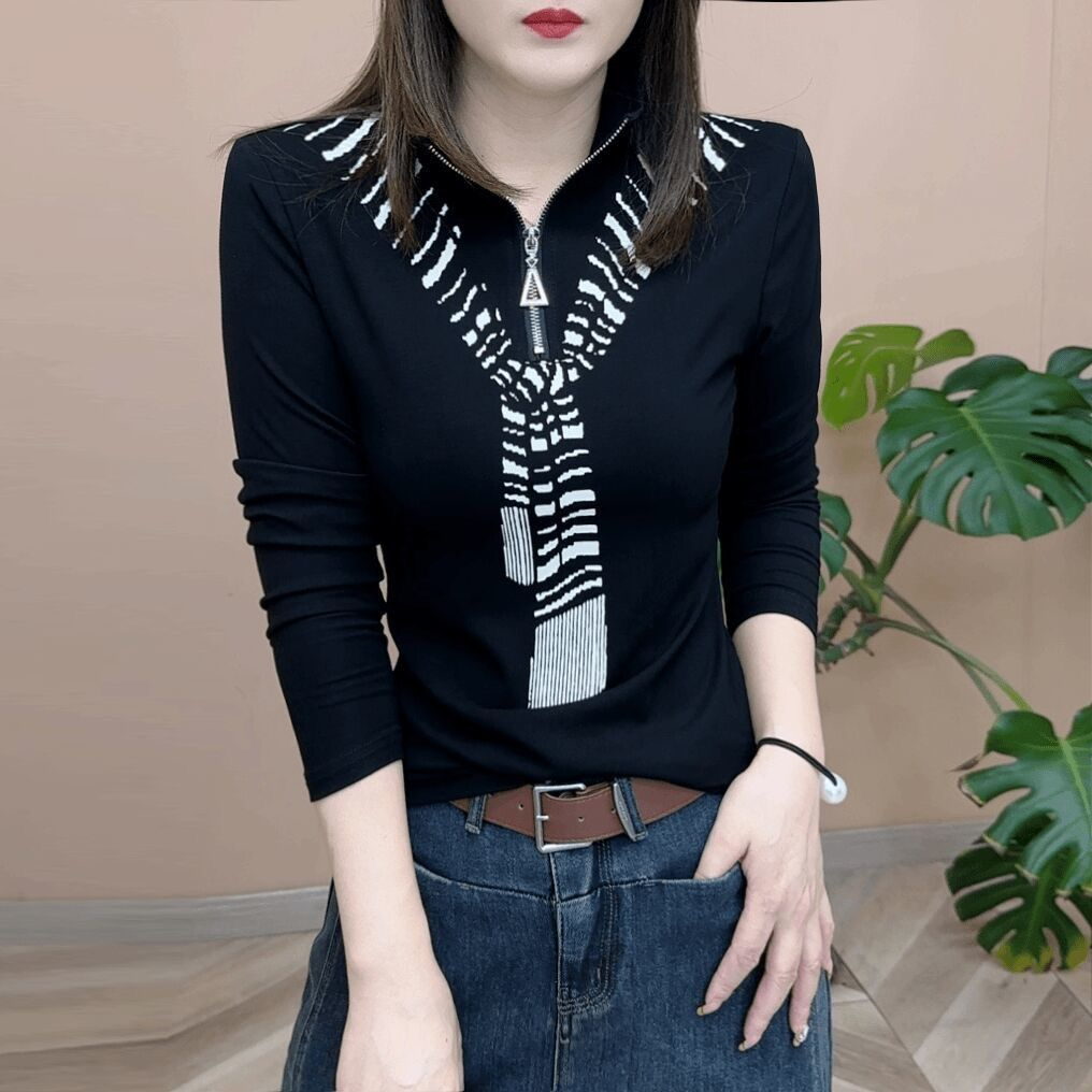 长袖T恤女春秋季新款时尚半拉链打底衫宽松显瘦妈妈装翻领上衣女