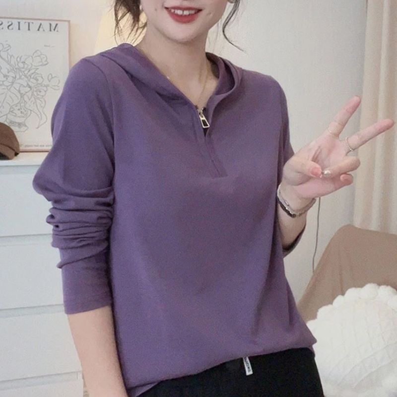 长袖t恤女2026秋冬季新款设计感宽松纯棉拉链上衣薄款连帽外套女图片