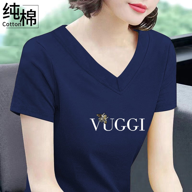 短袖T恤女夏季新款大码女装纯棉体恤衫显瘦减龄妈妈装休闲V领上衣