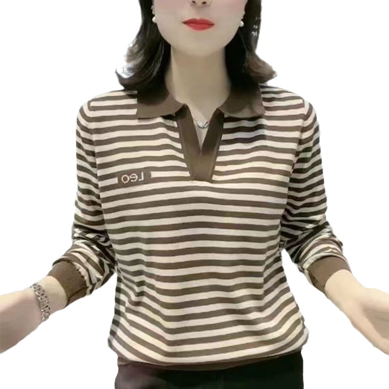 2026春秋季新款条纹长袖T恤女时尚妈妈装翻领上衣显瘦减龄打底衫