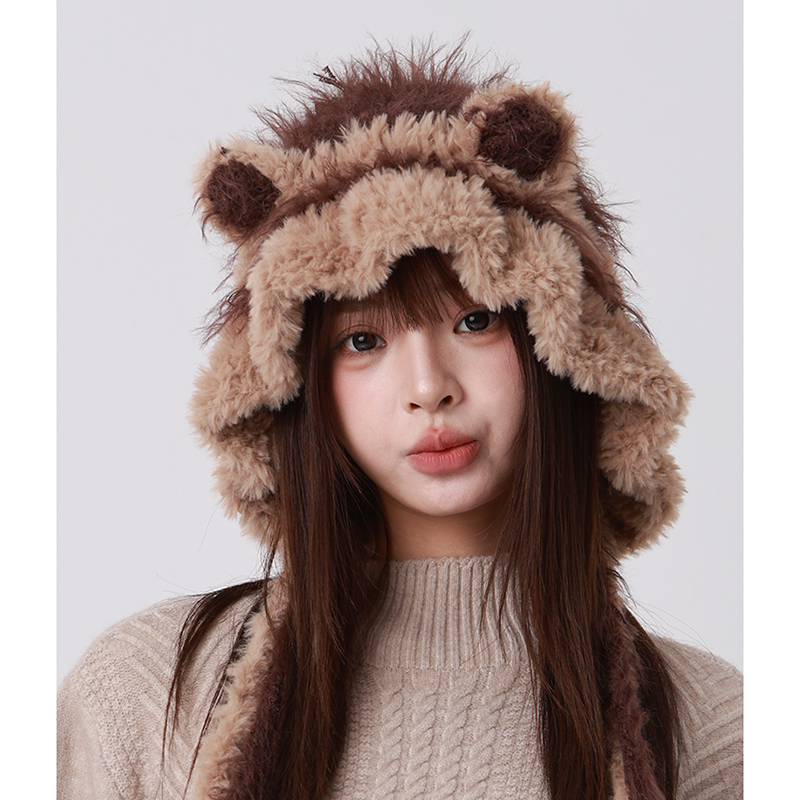 毛绒绒可爱小熊帽子女秋冬季包头