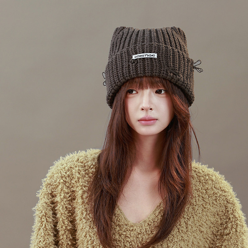 猫耳朵可爱毛线帽子女秋冬大头围