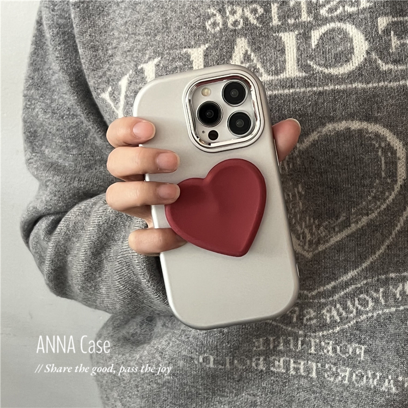 高级小众银暗红爱心支架适用iphone14promax苹果15手机壳11新款12pro硅胶xs全包13Promax防摔保护套