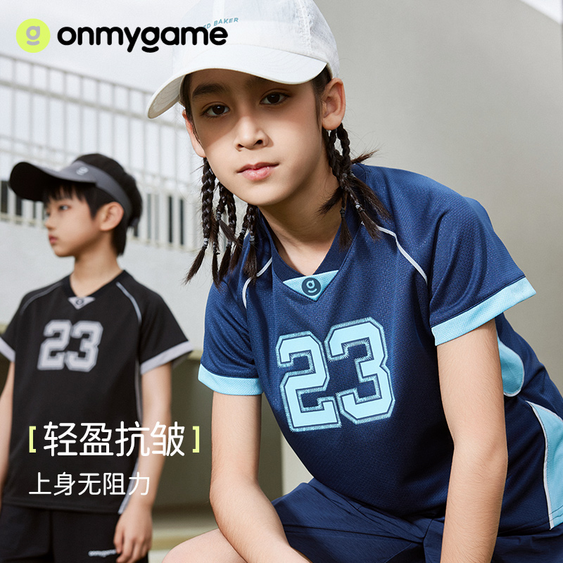 onmygame 儿童t恤夏季男童运动服复古字母印花上衣女童短袖蓝球服 童装/婴儿装/亲子装 T恤 原图主图