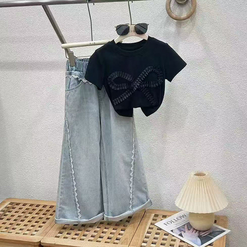 女童夏季牛仔裤套装2026新款女大童网红洋气夏装儿童长裤两件套潮