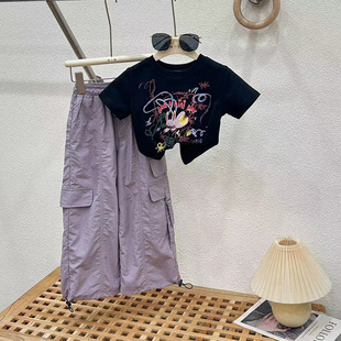 女童夏装时髦洋气休闲工装裤套装2026夏季新款街舞爵士薄款长裤子