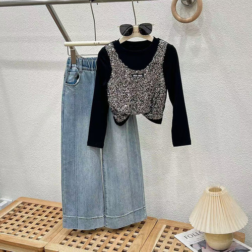 女童春季套装2026新款儿童阔腿牛仔裤两件套春秋女孩大童洋气童装