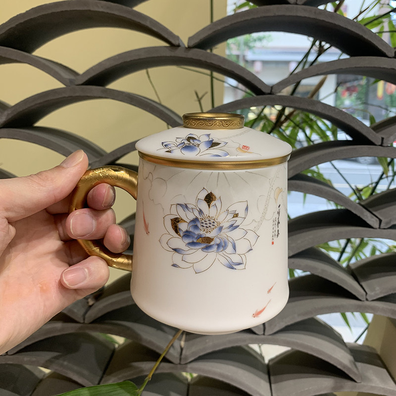 瓷语颠 渡景山房白瓷家用陶瓷水杯办公杯茶水分离马克杯泡茶