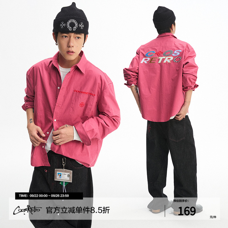 CoosRetro美式复古工装早秋衬衫外套男拼接绣花设计长袖上衣外套