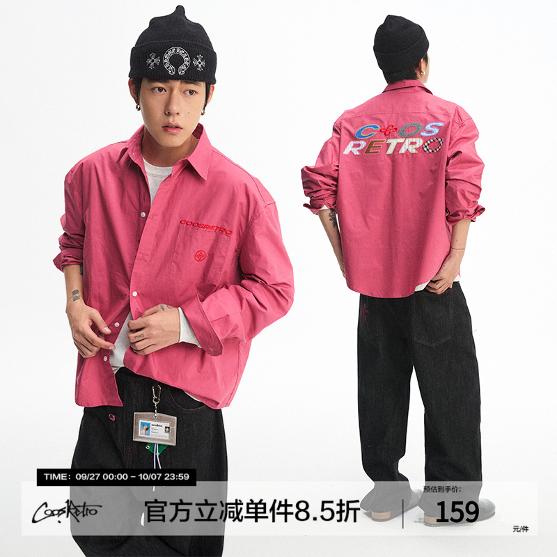 CoosRetro美式复古工装早秋衬衫外套男拼接绣花设计长袖上衣外套