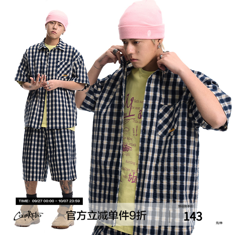 CoosRetro美式复古刺绣logo格子短袖衬衫夏男女潮宽松休闲上衣