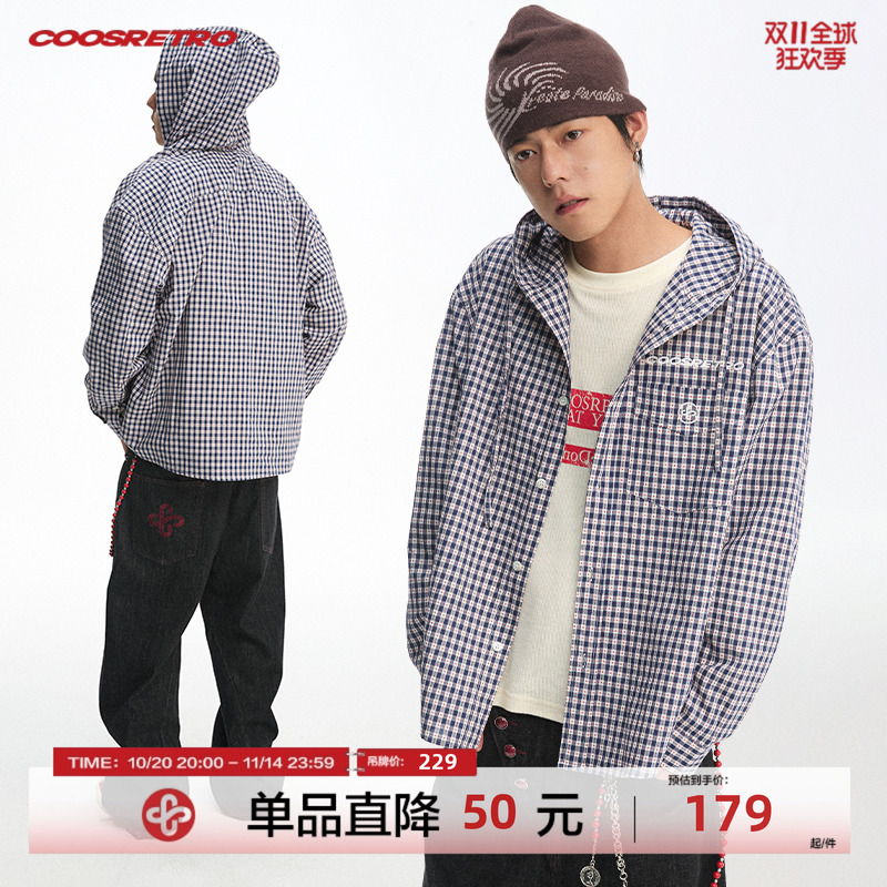 CoosRetro美式复古男早秋格纹设计连帽立体logo刺绣纯棉衬衫外套