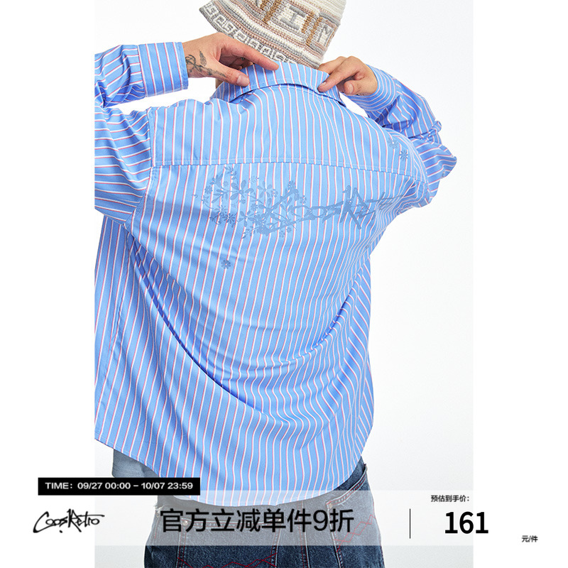 CoosRetro 《花序》美式休闲条纹印花POLO领衬衫轻薄透气长袖上衣