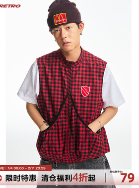 CoosRetro 《绯红星》复古潮流男宽松红黑格子烫钻贴布绣抽绳马甲