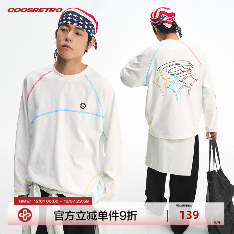 CoosRetro秋季新款男三色缝线高密度刺绣logo圆领亲肤透气长袖T恤