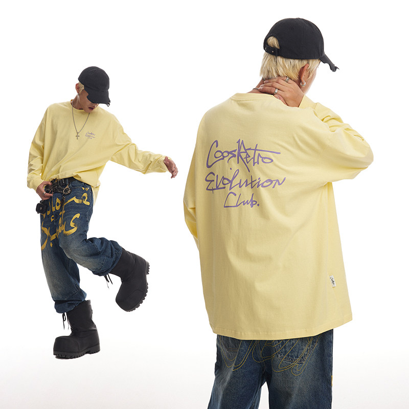 CoosRetro美式复古字母印花圆领长袖T恤男生早秋宽松纯棉打底上衣