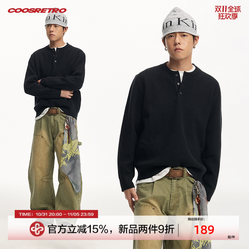CoosRetro 秋冬季男士复古水洗长袖亨利领毛衣柔软亲肤保暖针织衫