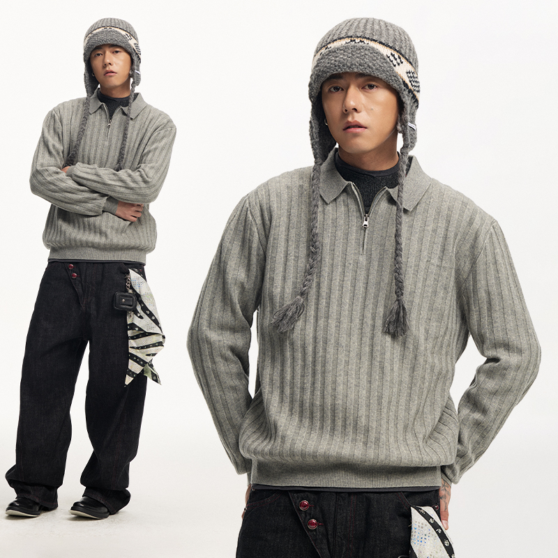 CoosRetro 秋冬新品男士复古水洗长袖老钱风半拉链polo翻领毛衣