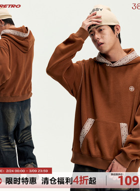 CoosRetro 春季美式潮牌男士民族风拼接织带logo刺绣连帽运动卫衣