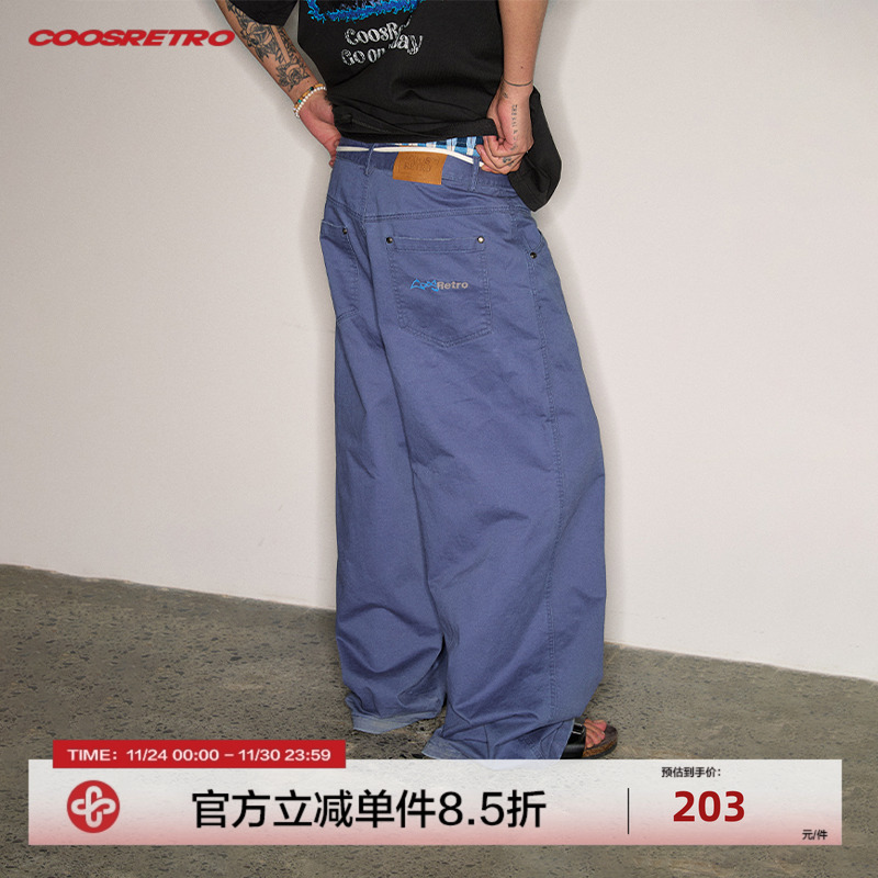 蓝色高密水洗帆布休闲裤