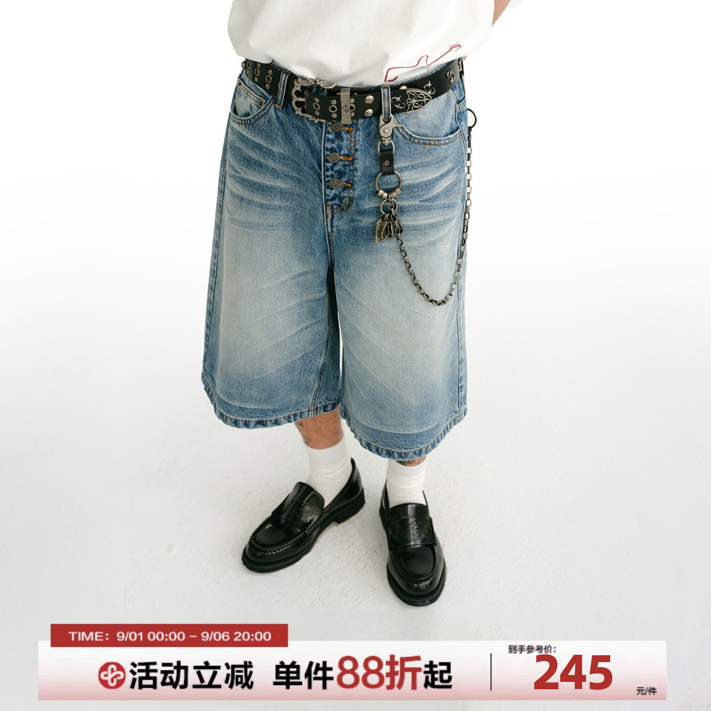 美式复古水洗猫须牛仔短裤男图片