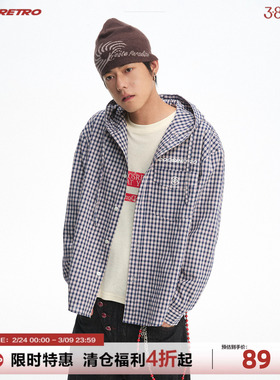 CoosRetro美式复古男早春格纹设计连帽立体logo刺绣纯棉衬衫外套